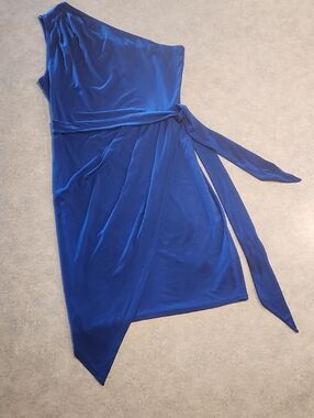 One-Shoulder Royal Blue Asymmetric Wrap Dress